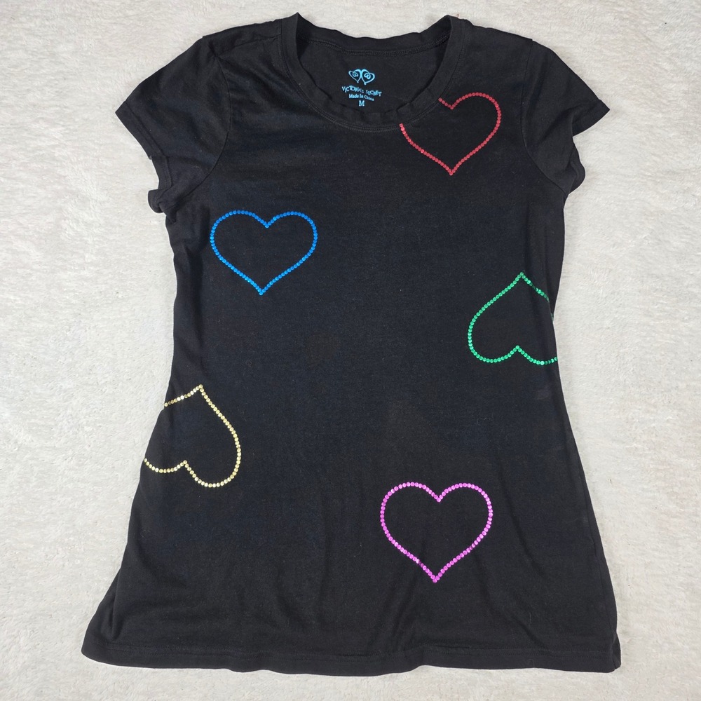 Victoria's Secret Black Vtg Heart Bling TeeShirt Medium‎ Women 100% Cotton Y2k